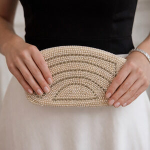 Vintage 50s Ricci Ivory Pearl Beaded Clutch Evening Purse